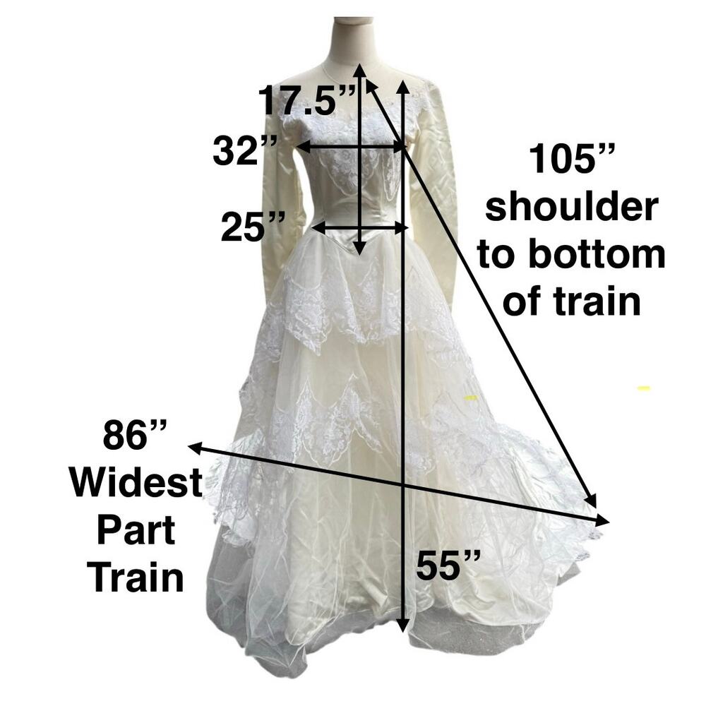 Vintage 50s Women's XS Wedding Dress Satin Lace Wedding Dress Chapel Train - Picture 4 of 11
